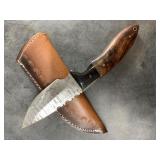 Damascus bladed knife with leather sheath with bon