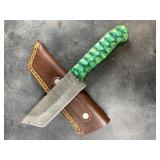 Damascus bladed knife with leather sheath with pak