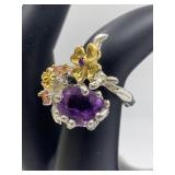 Sterling silver, amethyst and garnet floral ring,