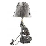 French Medieval knight lamp with punched shade, ov