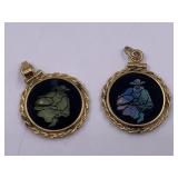 Two opal mosaic pendants set in gold tone bezel