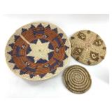 3 Hand woven grass trays, largest, a Kalimar tray,