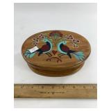 Hand painted lidded jewelry box with pins, buttons