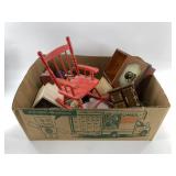 Collection of doll house furniture and doll figuri