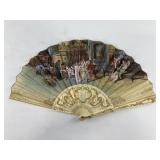 Vintage hand made fan with bone slats, old silkscr