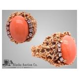 14K two tone gold natural coral and diamond ring. 14K two tone gold natural coral and diamond ring.