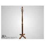 Antique walnut coat rack with iron hooks, 73" tall