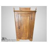 Antique pine corner cabinet, with ornamental top,