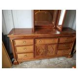 Antique wood buffet with tri-fold mirror, overall