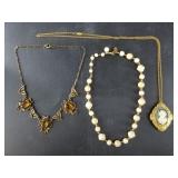 Collection of 3 vintage necklaces including a came