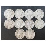10 Silver Mercury dimes, various dates, mints and