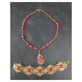 Vintage brass and enameled bracelet and necklace