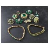 Collection of vintage green rhinestone jewelry