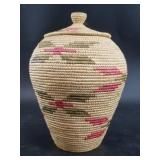 Hooper Bay lidded urn grass basket with dyed grass