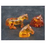3 Carved amber horse figurines, 1 is full horse, 2