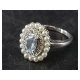 10kt Gold aquamarine, pearl and diamond ring size