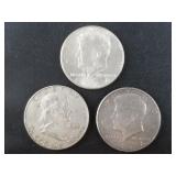 3 Silver half dollars: 1962 D, 1964 x2