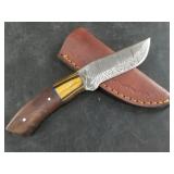 Damascus bladed knife with leather sheath  8"
