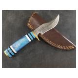 Damascus bladed knife with leather sheath  8"