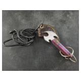 Tiny Damascus bladed key ring knife with leather s