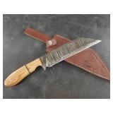 Damascus bladed knife with leather sheath  13" lon