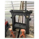 Lot with gardening tools, plastic sawhorses, and j