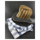 Set of bed linens and several hats and a Houston A