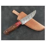 Damascus bladed knife with leather sheath  8.25"