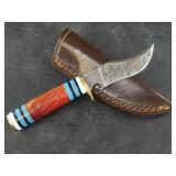 Damascus bladed knife with leather sheath  8"