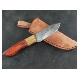 Damascus bladed knife with leather sheath  8"