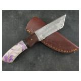Damascus bladed knife with leather sheath  8"