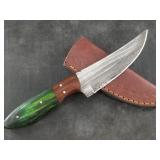 Damascus bladed knife with leather sheath  9.25" l