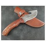 Damascus bladed knife with leather sheath  9.25" l