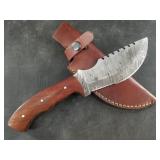 Damascus bladed knife with leather sheath  10" lon