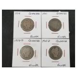 4 Barber silver quarters: 1916, 1901, 1908 D, 1915
