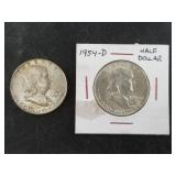 2 Franklin silver half dollars: 1954 D, and 1961