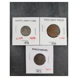 Lot of 3: 1883 Shield nickel, 1890 seated Liberty