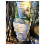 Large lot with metal first aid kits, storage bins,
