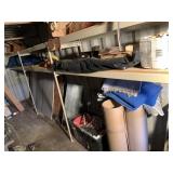 Multiple shelf lot: fiberglass, saw horses, tarps,