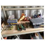 Shelf lot: Formica sample kit, assorted tools, hea