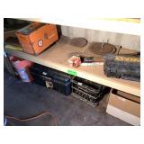 Shelf lot with chop saw blades, tool boxes with to
