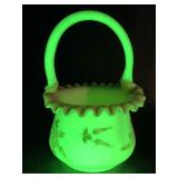 Fenton Burmese uranium glass basket, signed by art