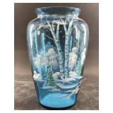 Fenton blue glass vase with hand painted winter sc