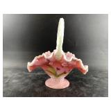 Fenton glass iridescent rose basket, hand painted,