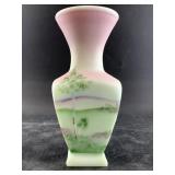 Fenton lotus mist Burmese square vase with hand pa
