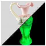 Fenton Burmese uranium glass vase, hand painted, s