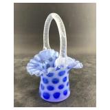 Fenton glass basket, cobalt coin dot pattern, sign