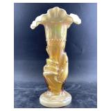 Fenton glass hand shaped vase with iridescent oran