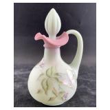 Fenton glass cruet, hand painted lotus mist and bu