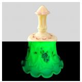 Fenton Burmese uranium glass bell, hand painted an